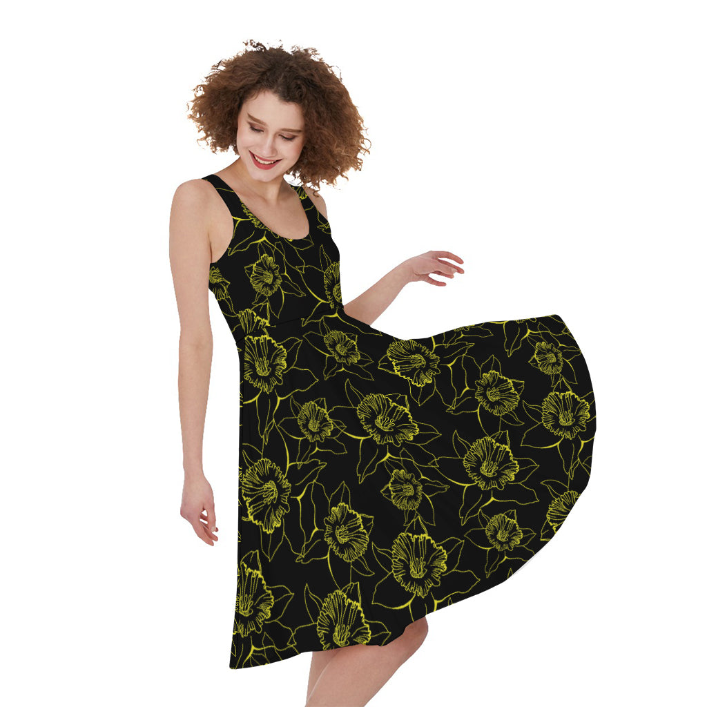 Black And Yellow Daffodil Pattern Print Women's Sleeveless Dress
