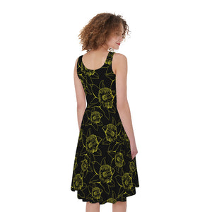 Black And Yellow Daffodil Pattern Print Women's Sleeveless Dress