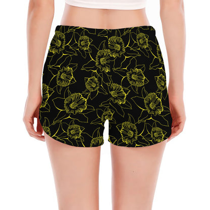 Black And Yellow Daffodil Pattern Print Women's Split Running Shorts