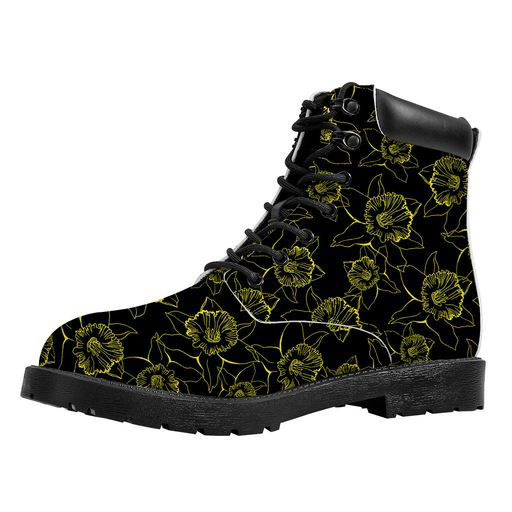 Black And Yellow Daffodil Pattern Print Work Boots