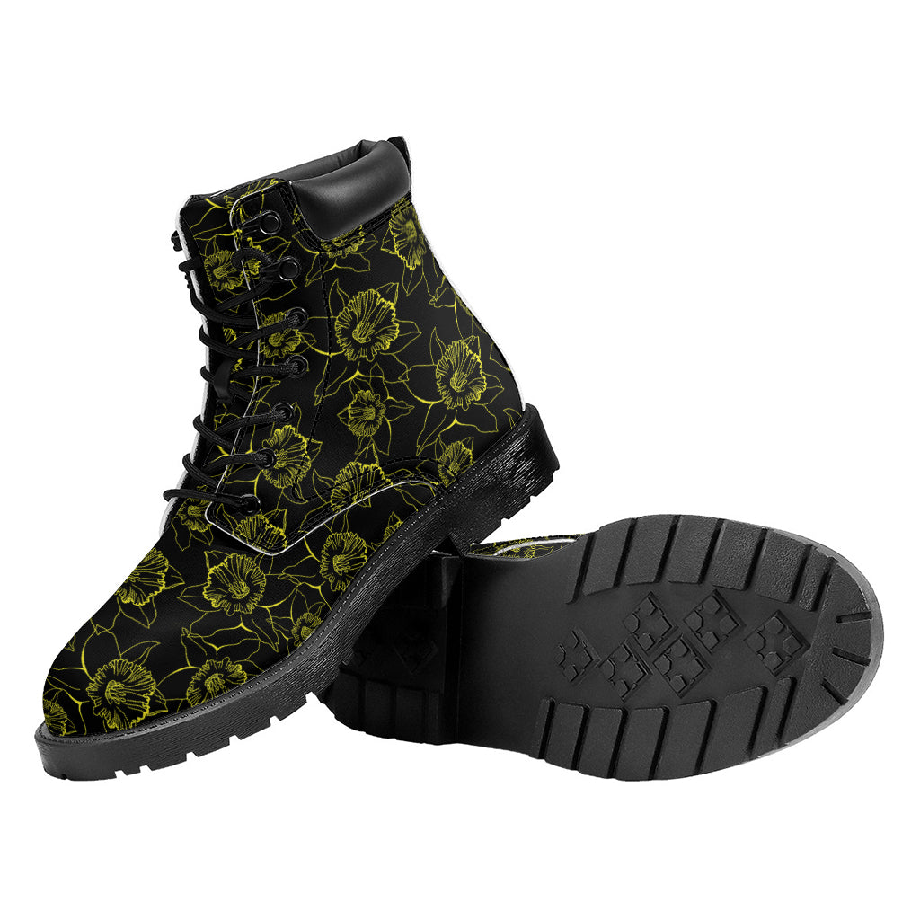 Black And Yellow Daffodil Pattern Print Work Boots