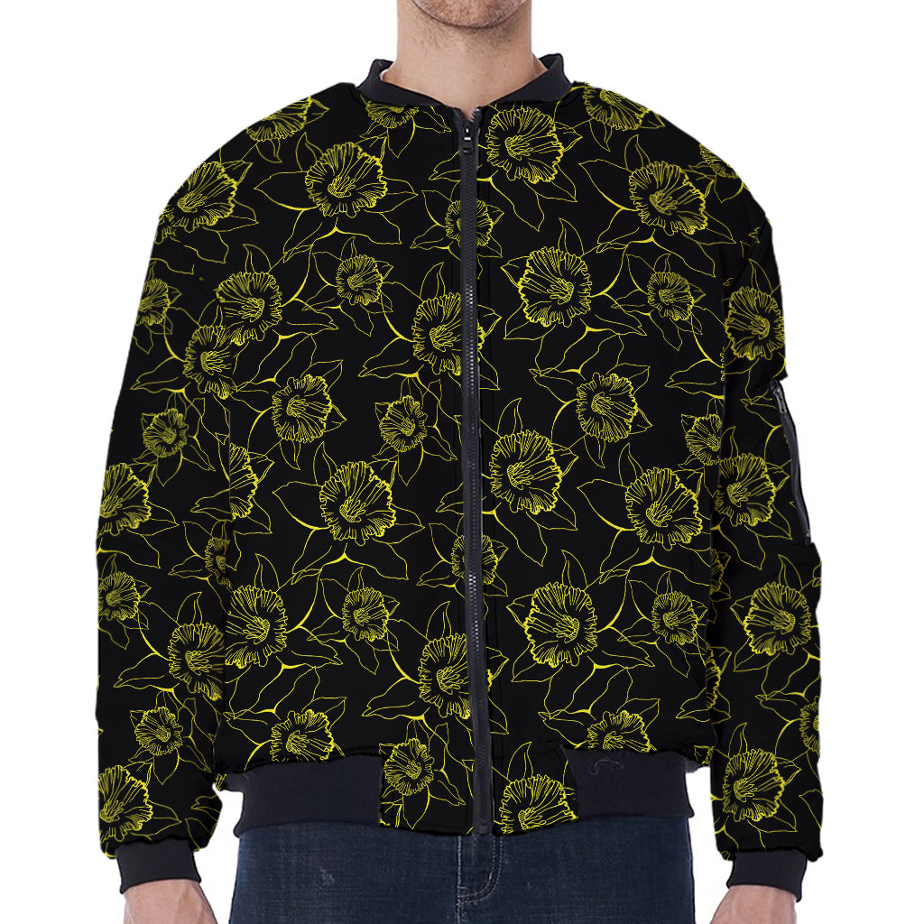 Black And Yellow Daffodil Pattern Print Zip Sleeve Bomber Jacket