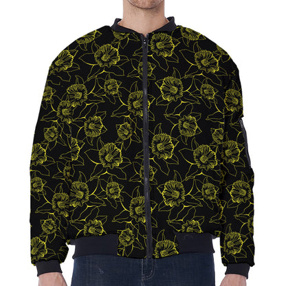 Black And Yellow Daffodil Pattern Print Zip Sleeve Bomber Jacket
