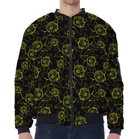 Black And Yellow Daffodil Pattern Print Zip Sleeve Bomber Jacket