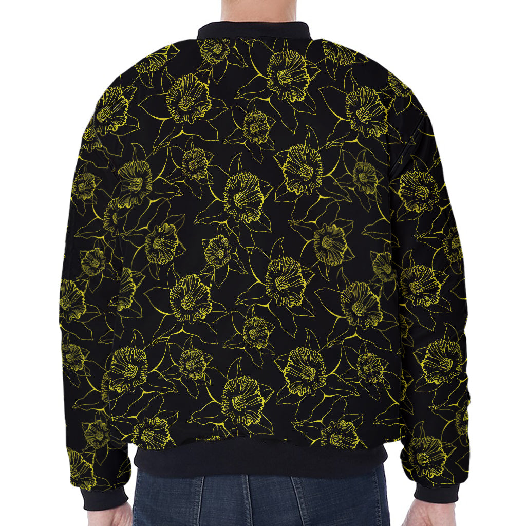 Black And Yellow Daffodil Pattern Print Zip Sleeve Bomber Jacket