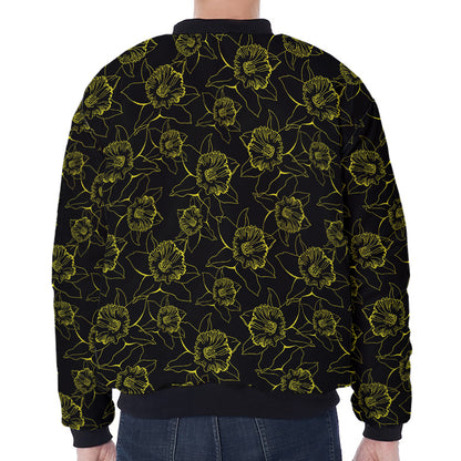 Black And Yellow Daffodil Pattern Print Zip Sleeve Bomber Jacket