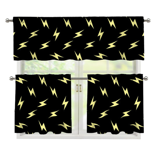 Black And Yellow Lightning Pattern Print 3 Piece Kitchen Curtains