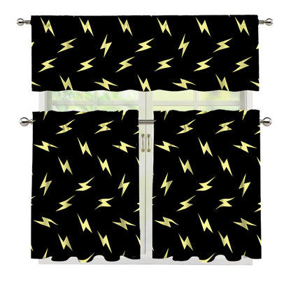 Black And Yellow Lightning Pattern Print 3 Piece Kitchen Curtains