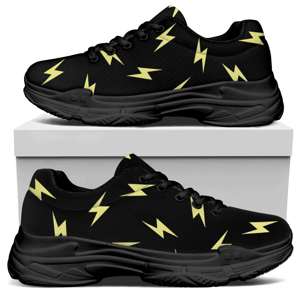 Black And Yellow Lightning Pattern Print Black Chunky Shoes