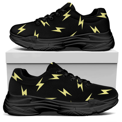 Black And Yellow Lightning Pattern Print Black Chunky Shoes