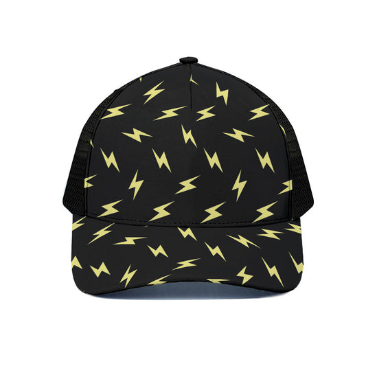 Black And Yellow Lightning Pattern Print Black Mesh Trucker Cap