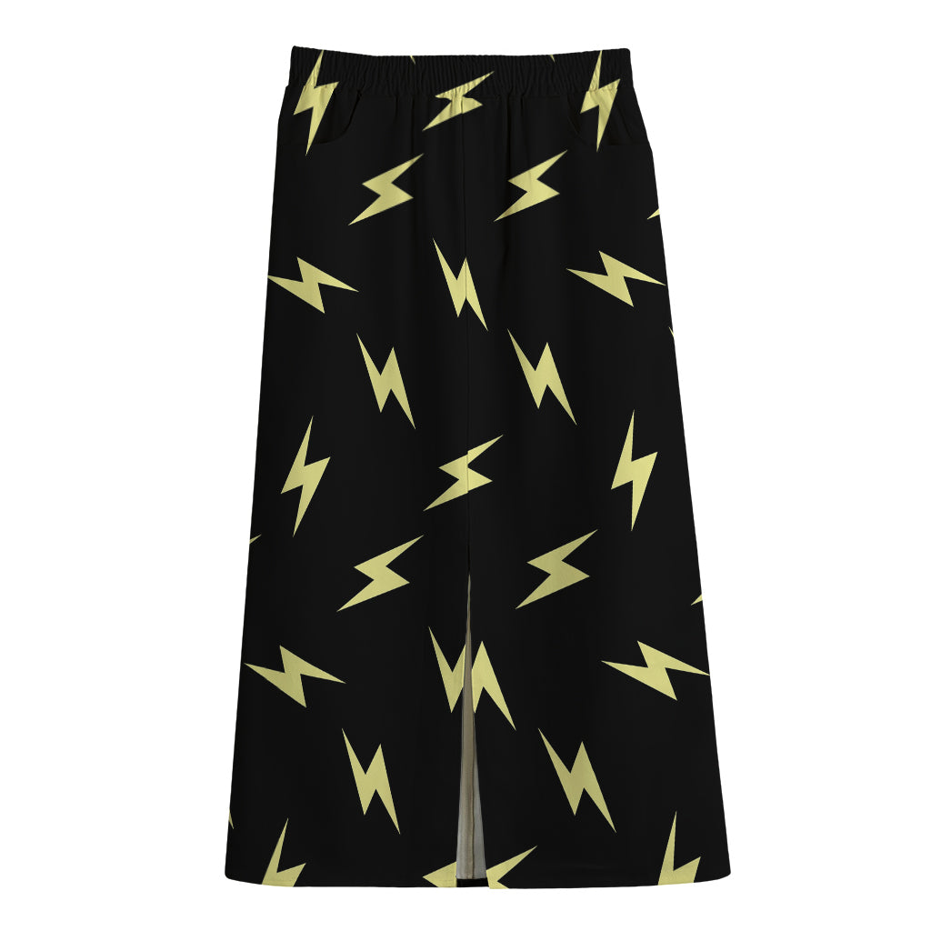 Black And Yellow Lightning Pattern Print Cotton Front Slit Maxi Skirt