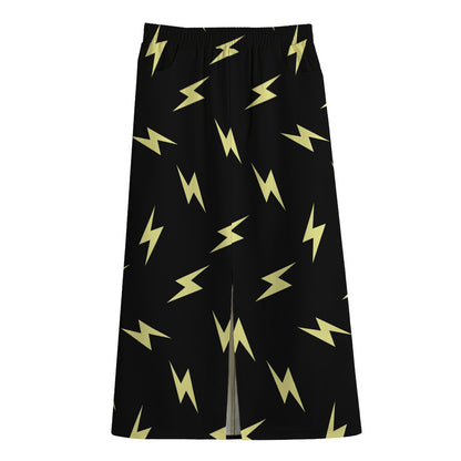 Black And Yellow Lightning Pattern Print Cotton Front Slit Maxi Skirt
