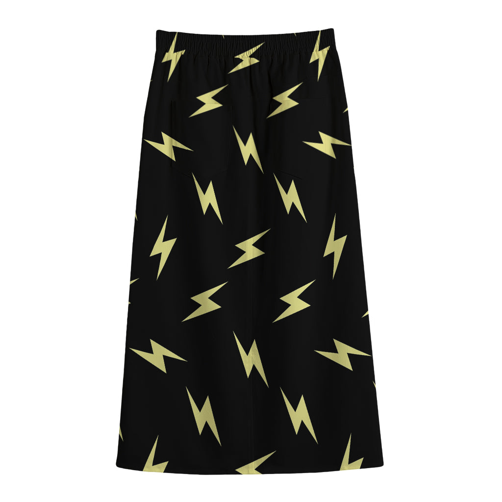 Black And Yellow Lightning Pattern Print Cotton Front Slit Maxi Skirt