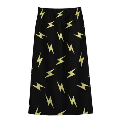 Black And Yellow Lightning Pattern Print Cotton Front Slit Maxi Skirt