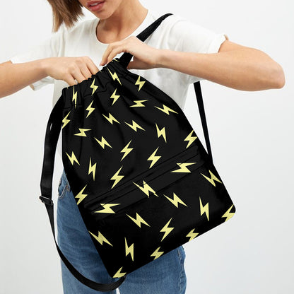 Black And Yellow Lightning Pattern Print Drawstring Backpack
