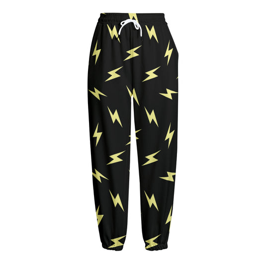 Black And Yellow Lightning Pattern Print Fleece Lined Knit Pants