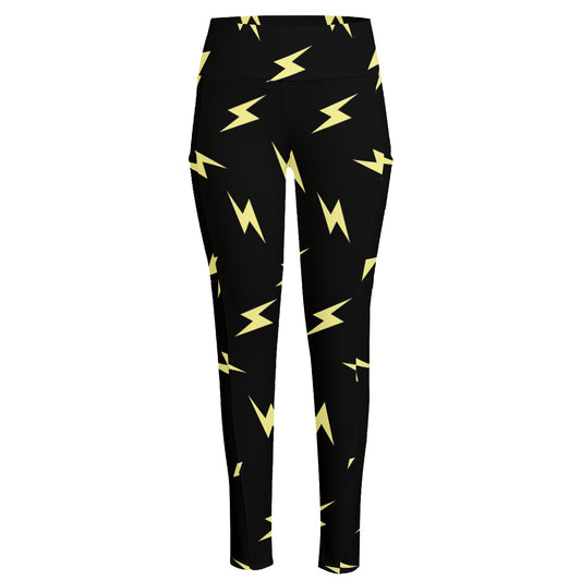 Black And Yellow Lightning Pattern Print High-Waisted Pocket Leggings