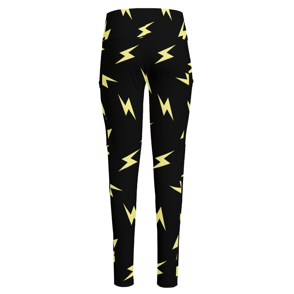 Black And Yellow Lightning Pattern Print High-Waisted Pocket Leggings