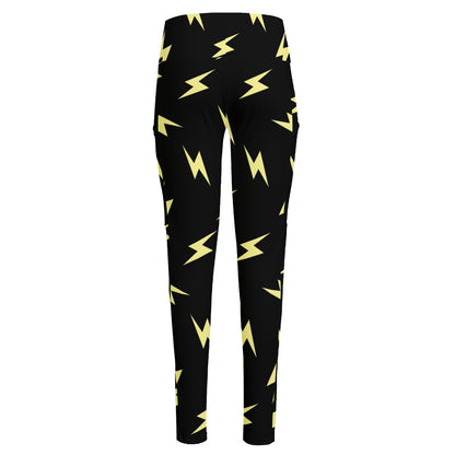 Black And Yellow Lightning Pattern Print High-Waisted Pocket Leggings