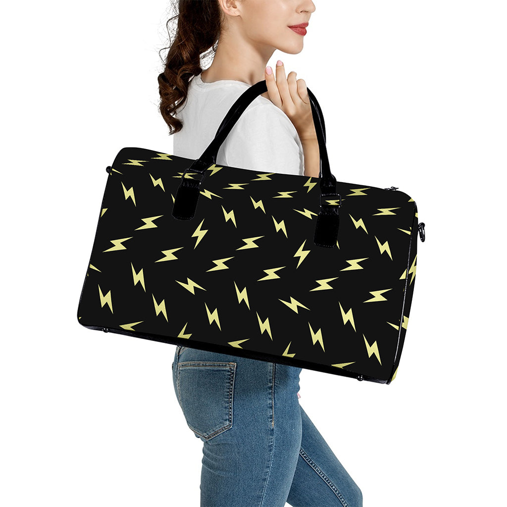 Black And Yellow Lightning Pattern Print Leather Duffle Bag