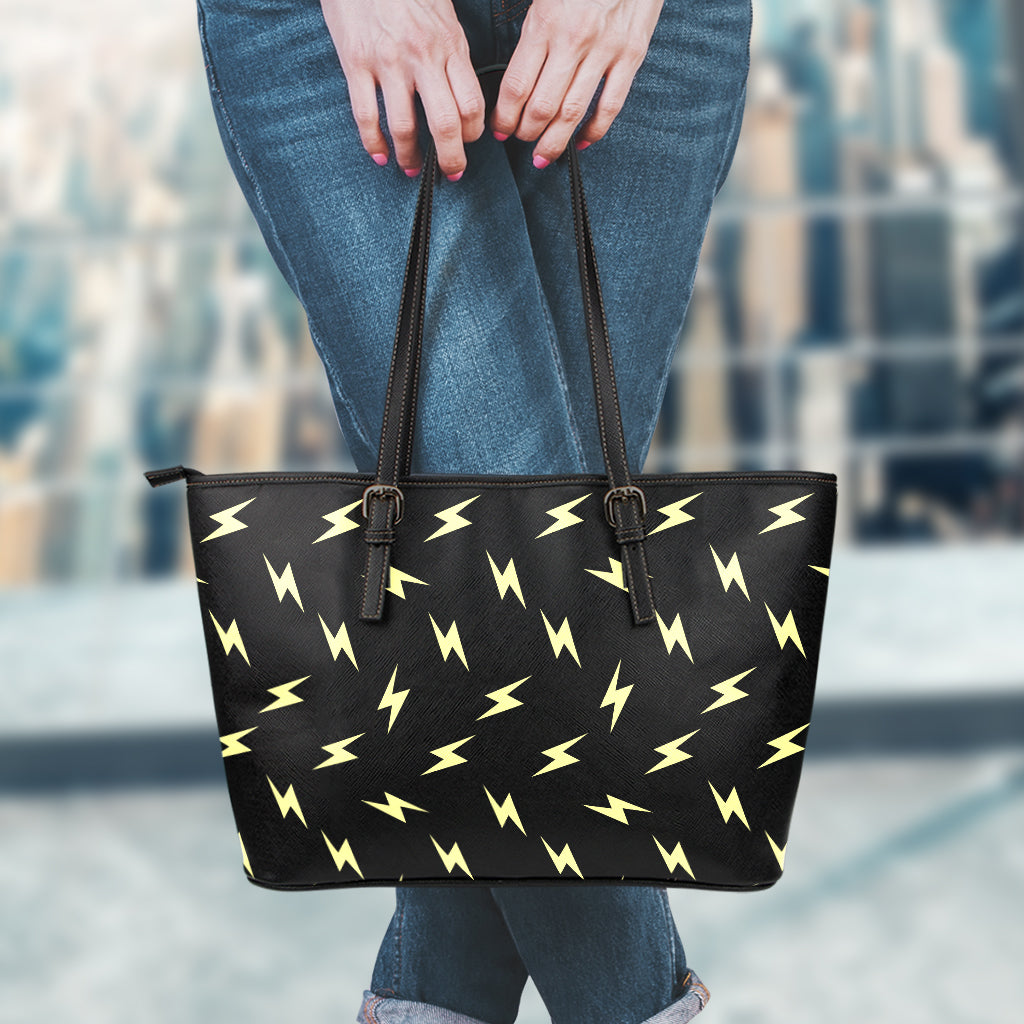 Black And Yellow Lightning Pattern Print Leather Tote Bag