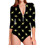 Black And Yellow Lightning Pattern Print Long Sleeve Swimsuit