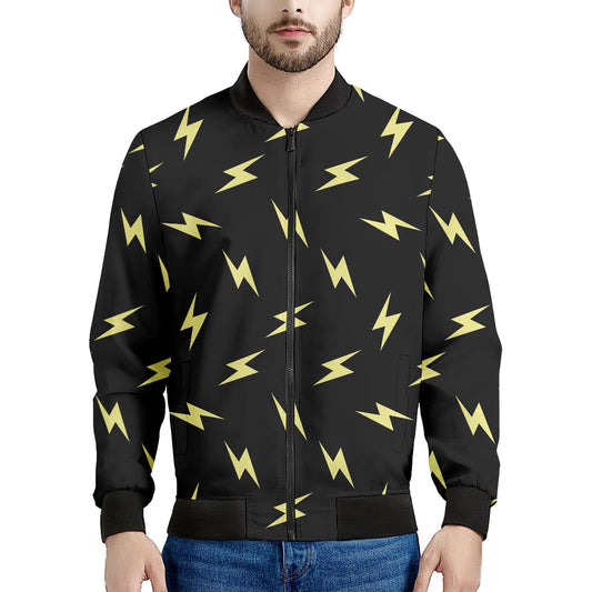 Black And Yellow Lightning Pattern Print Men's Bomber Jacket
