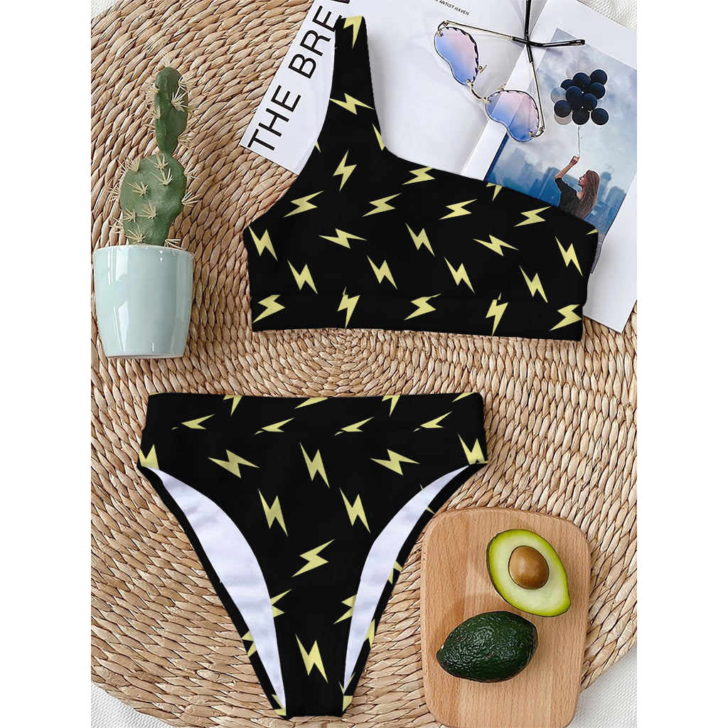 Black And Yellow Lightning Pattern Print One Shoulder Bikini Top