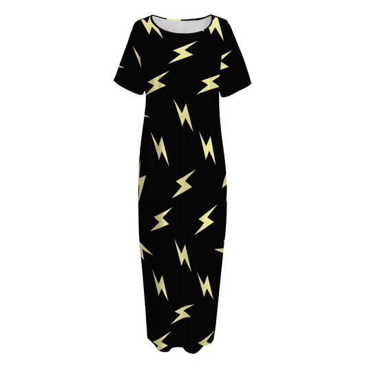 Black And Yellow Lightning Pattern Print Short Sleeve Long Nightdress