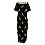 Black And Yellow Lightning Pattern Print Short Sleeve Long Nightdress