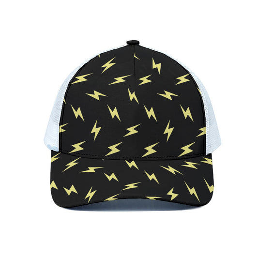 Black And Yellow Lightning Pattern Print White Mesh Trucker Cap