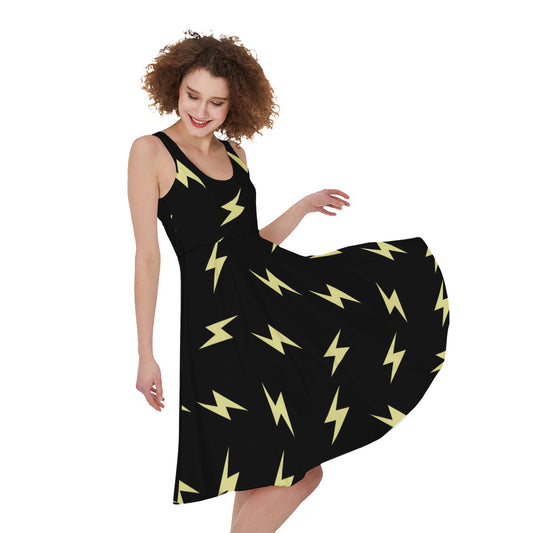 Black And Yellow Lightning Pattern Print Women's Sleeveless Dress