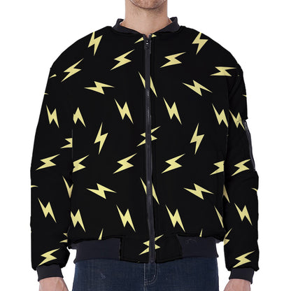 Black And Yellow Lightning Pattern Print Zip Sleeve Bomber Jacket