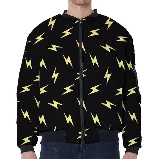 Black And Yellow Lightning Pattern Print Zip Sleeve Bomber Jacket