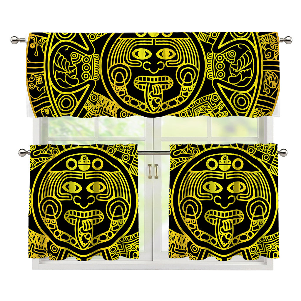 Black And Yellow Maya Calendar Print 3 Piece Kitchen Curtains