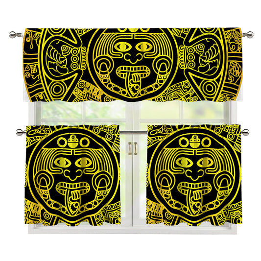 Black And Yellow Maya Calendar Print 3 Piece Kitchen Curtains