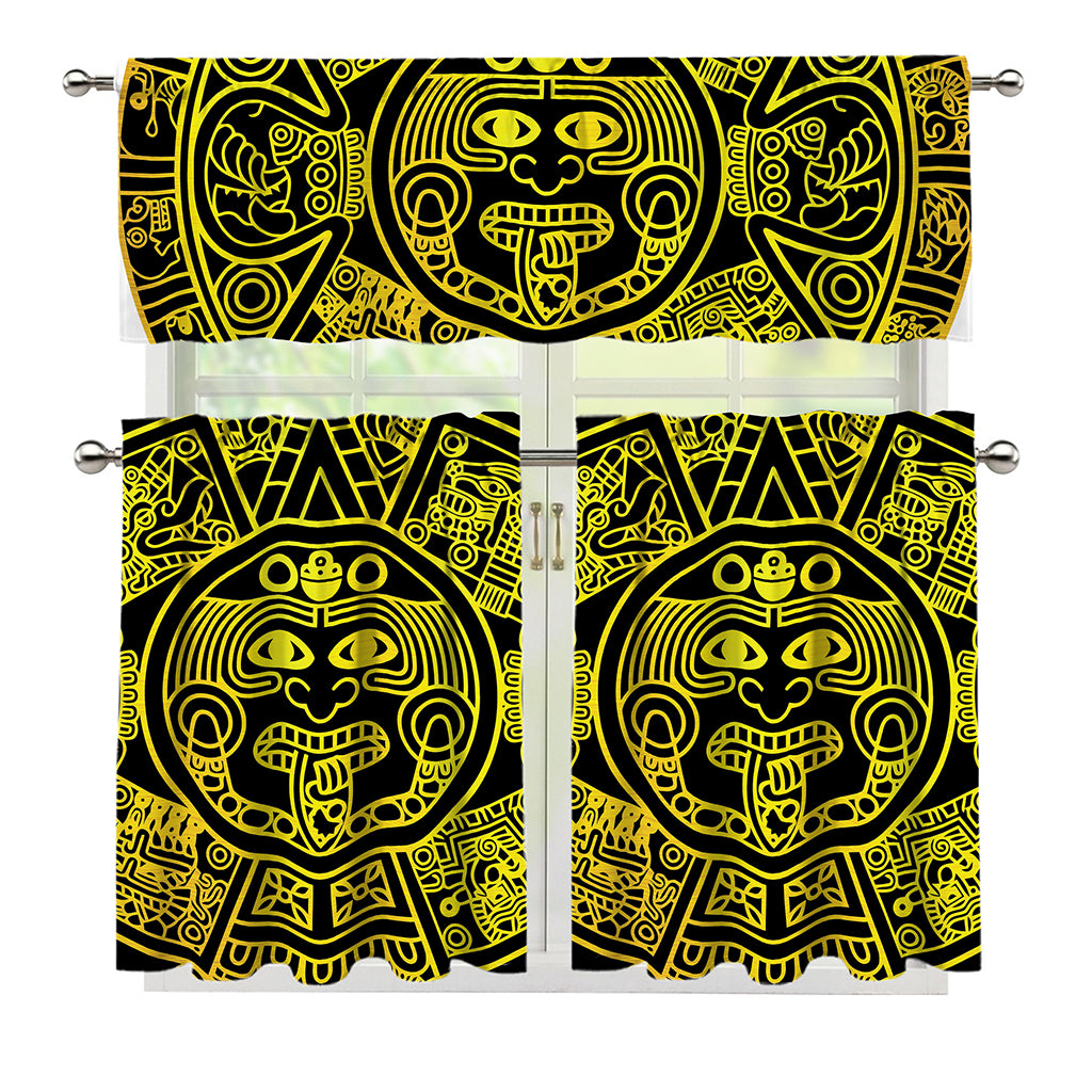 Black And Yellow Maya Calendar Print 3 Piece Kitchen Curtains