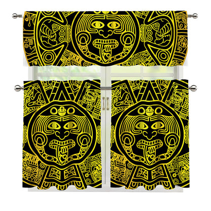 Black And Yellow Maya Calendar Print 3 Piece Kitchen Curtains