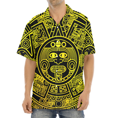Black And Yellow Maya Calendar Print Aloha Shirt