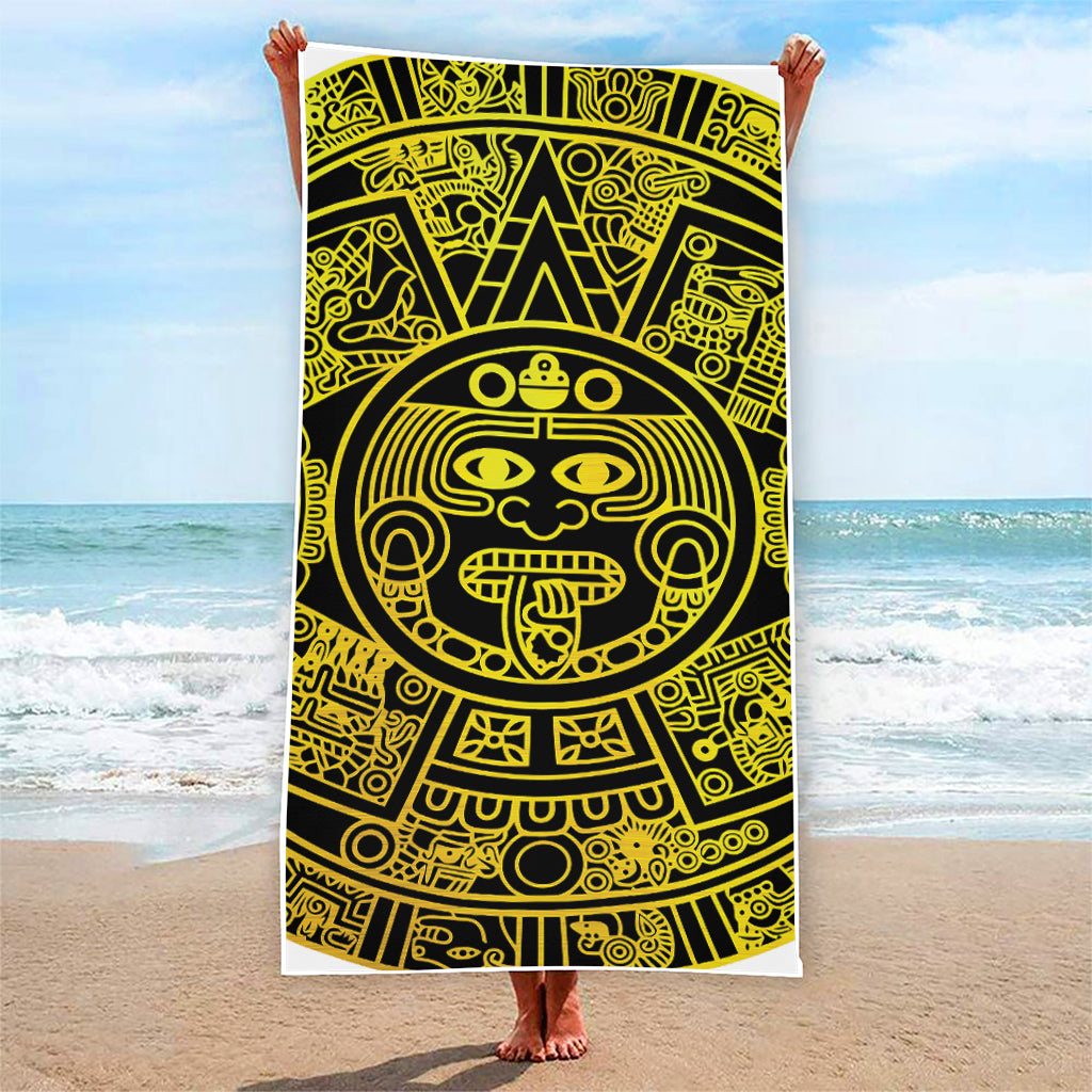 Black And Yellow Maya Calendar Print Beach Towel