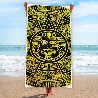 Black And Yellow Maya Calendar Print Beach Towel