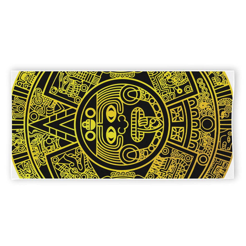 Black And Yellow Maya Calendar Print Beach Towel
