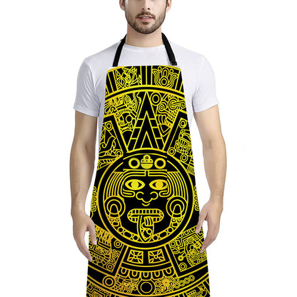 Black And Yellow Maya Calendar Print Bib Apron With Pocket