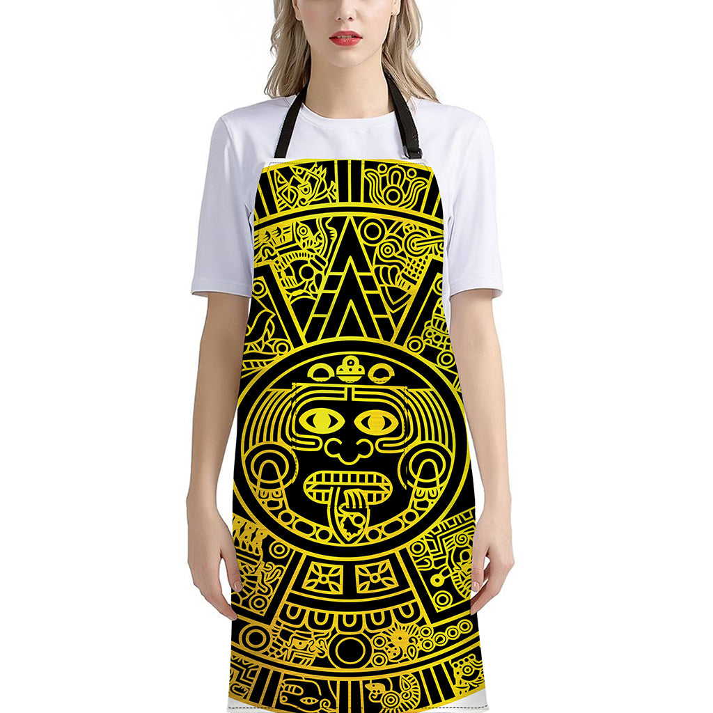 Black And Yellow Maya Calendar Print Bib Apron With Pocket