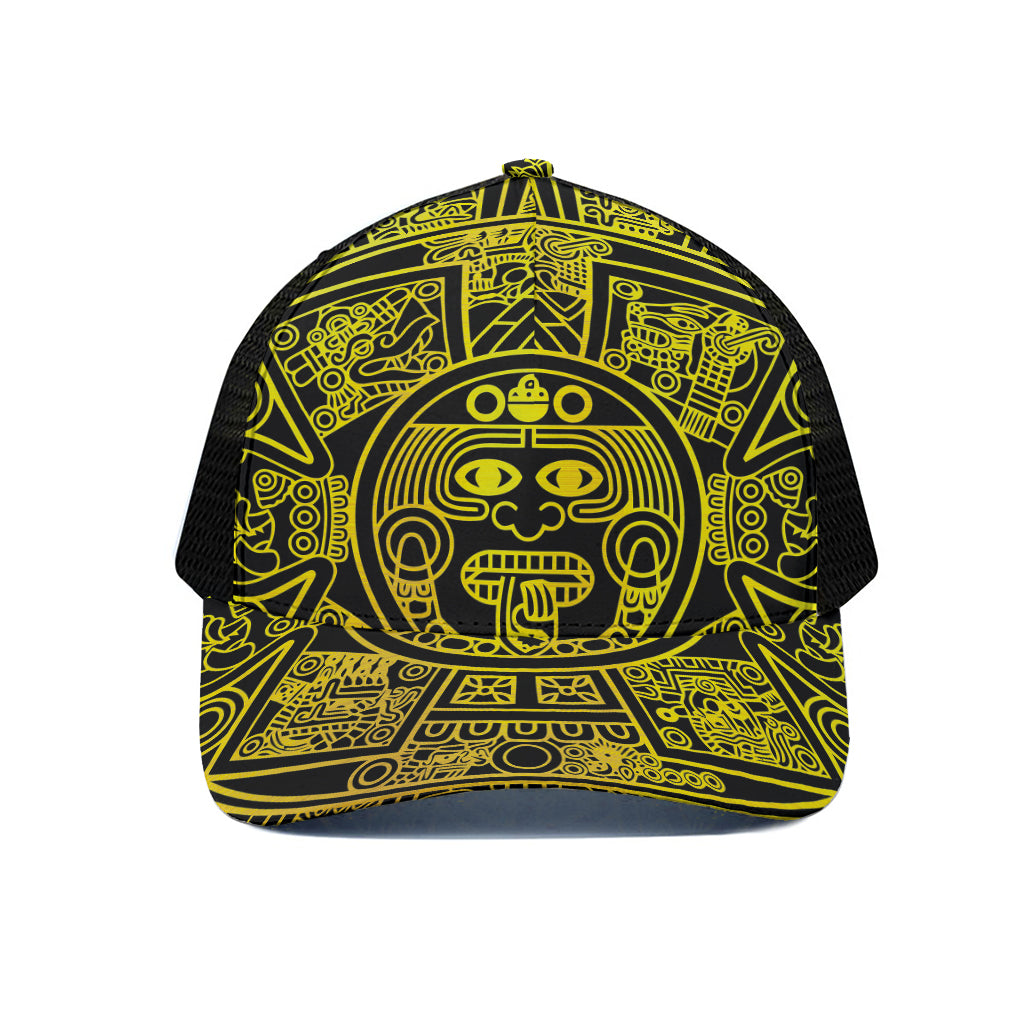 Black And Yellow Maya Calendar Print Black Mesh Trucker Cap
