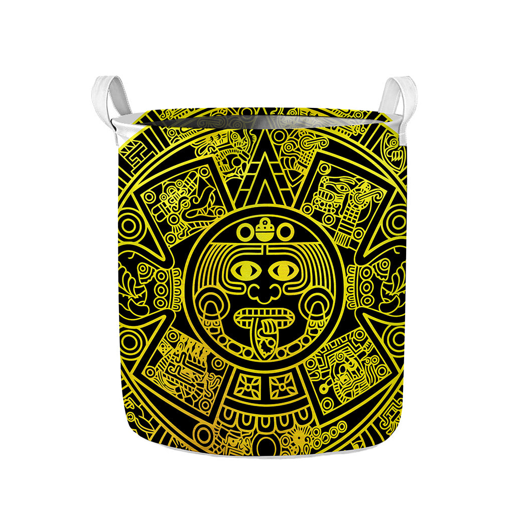 Black And Yellow Maya Calendar Print Collapsible Laundry Basket