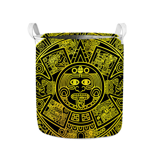 Black And Yellow Maya Calendar Print Collapsible Laundry Basket