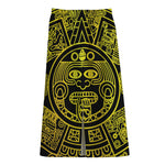 Black And Yellow Maya Calendar Print Cotton Front Slit Maxi Skirt