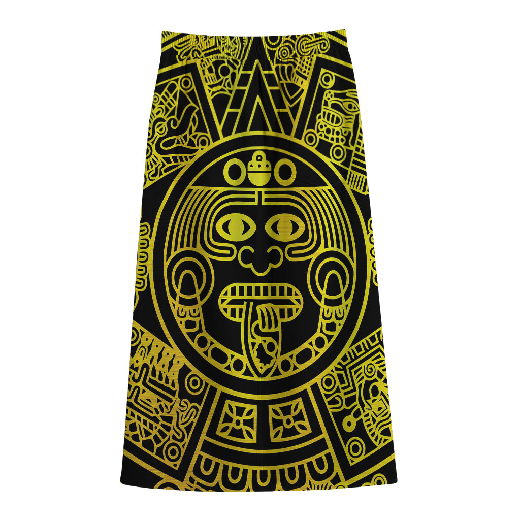 Black And Yellow Maya Calendar Print Cotton Front Slit Maxi Skirt